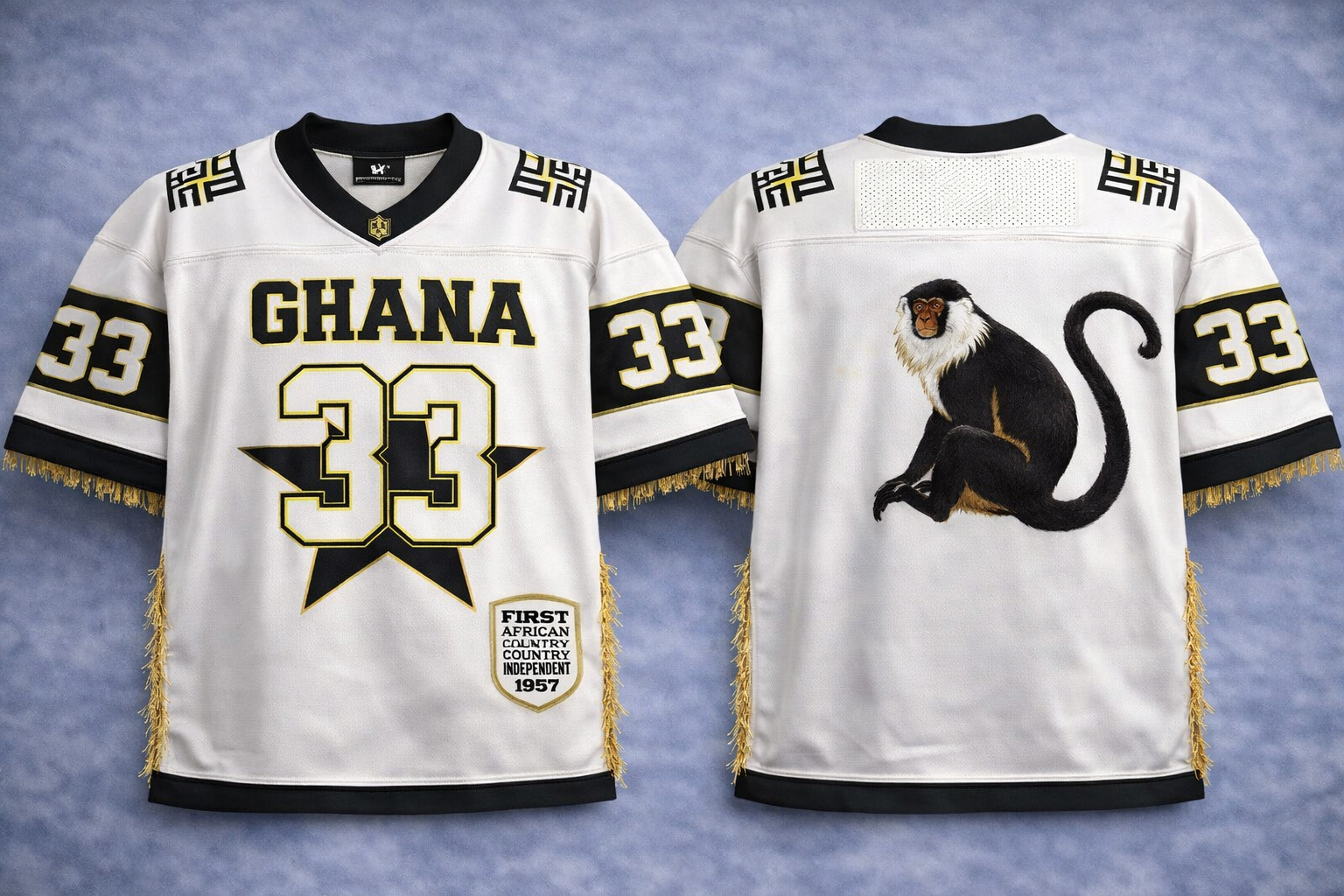 Ghana #33 jersey — Kente patterns, colobus monkey, first African independence 1957