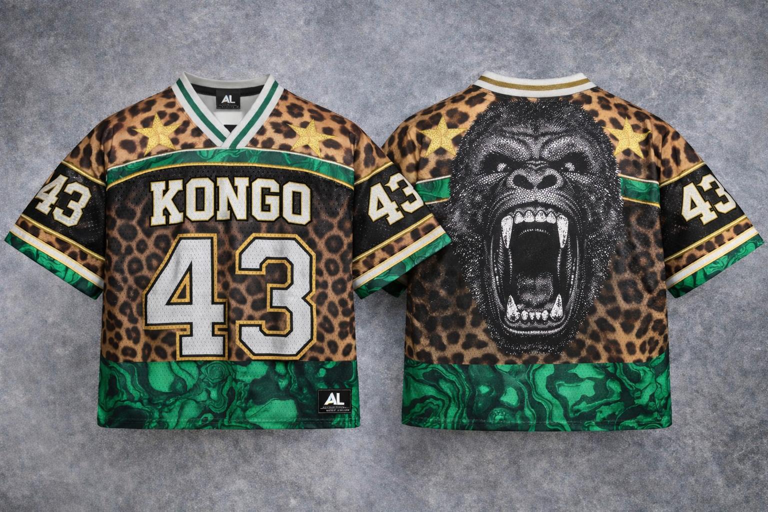 Kongo #43 jersey — front view, leopard print with malachite hem