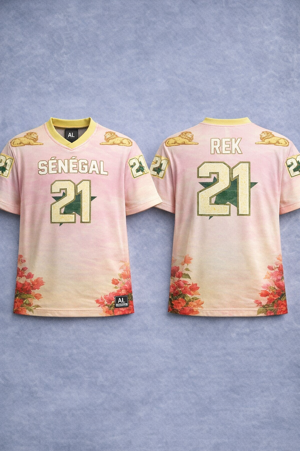 Sénégal #21 RÈK jersey — Téranga lion, bougainvillea hem
