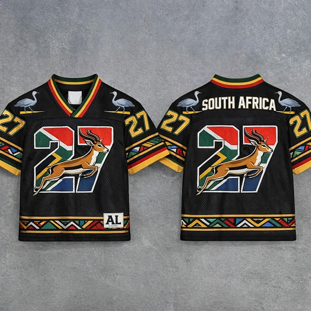 South Africa #27 jersey — Springbok, rainbow flag colours, Ndebele border